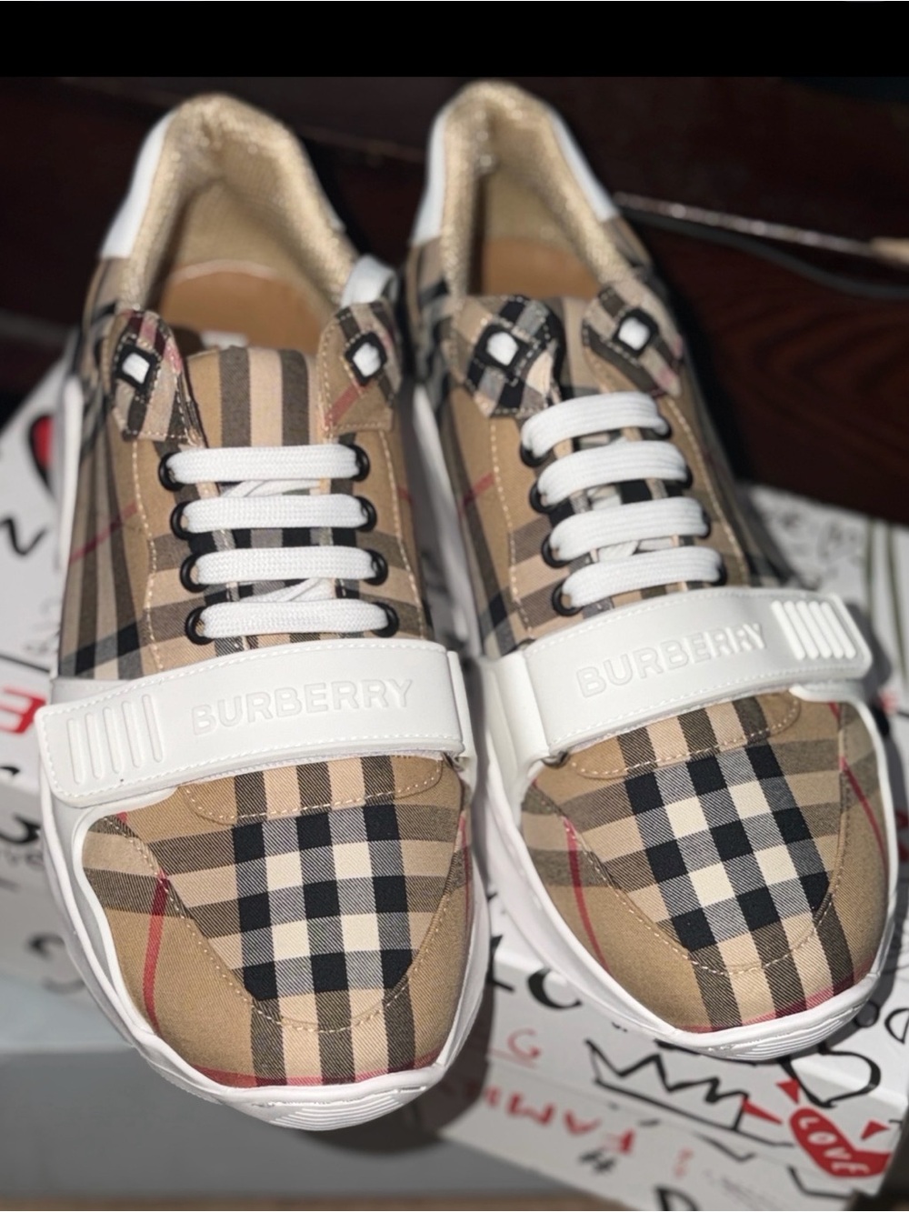 Burberry Men’s Check Low-Top Sneakers in Beige, Black & White